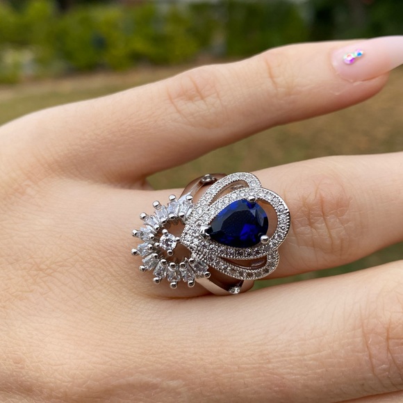 925 silver Luxury Water Drop Blue Sapphire Ring - Picture 8 of 11